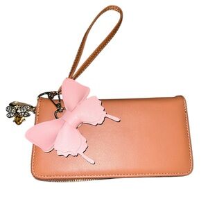 Customized Tan Wristlet with Pink Bow and bee charms